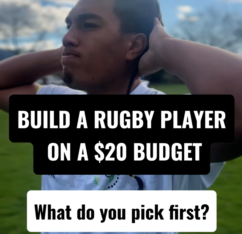 Rugby player breathing with his hands behind his head with big writing in front 'Build a Rugby Player on a $20 Budget, What do you pick first?'