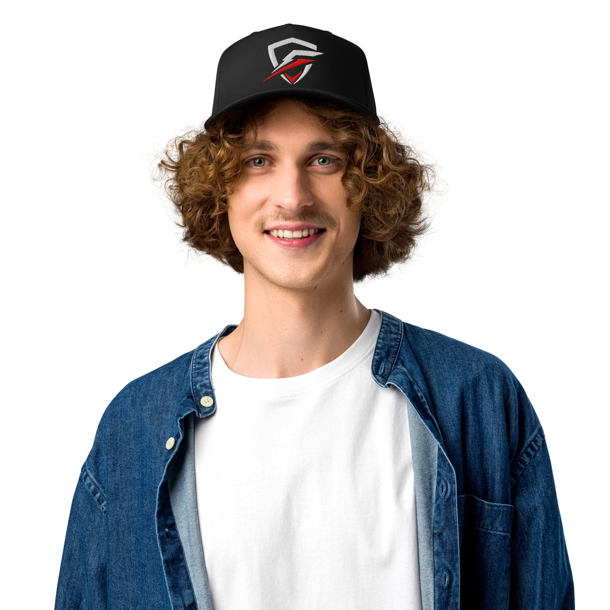 GT Cap worn by a white male with curly brown hair, wearing a white t-shirt and jeans jacket