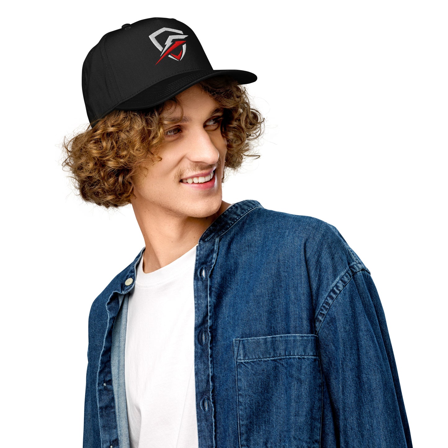 GT Cap worn by a white male with curly brown hair, wearing a white t-shirt and jeans jacket, looking to the side