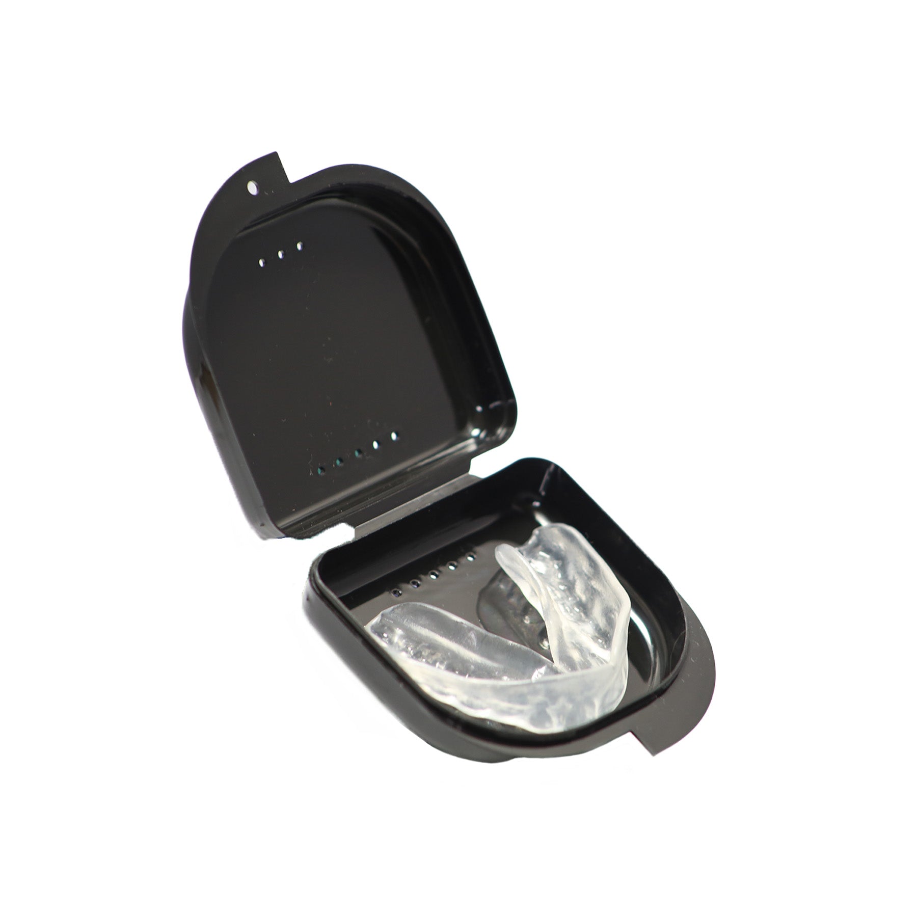 Clear mouthguard in a black case on a white background