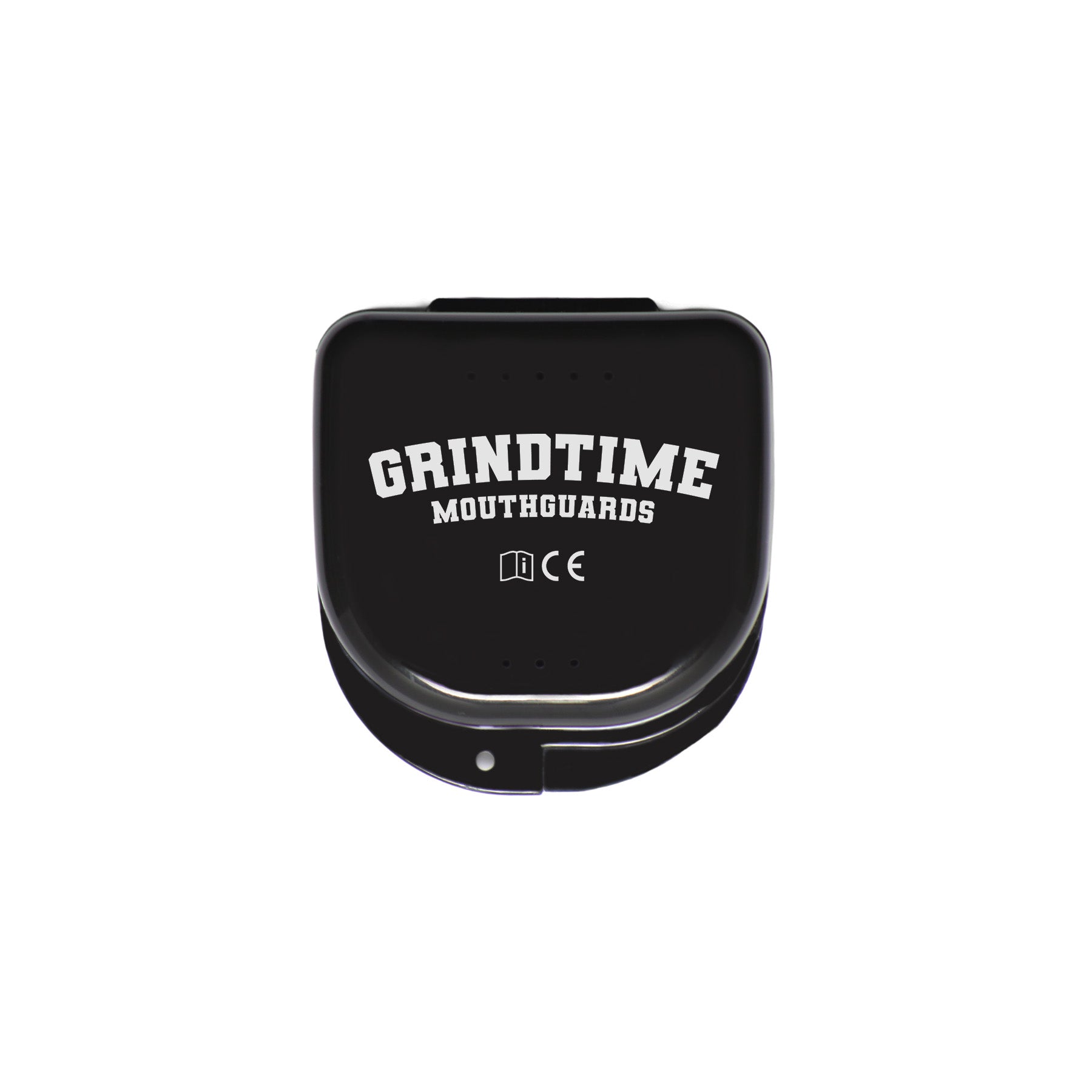 Black mouthguard case with 'Grindtime Mouthguards' branding on a white background