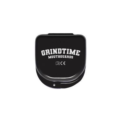 Black mouthguard case with 'Grindtime Mouthguards' branding on a white background
