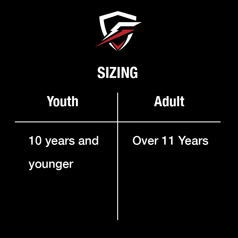 Sizing chart for youth and adult categories with the grindtime favicon at the top on a black background.