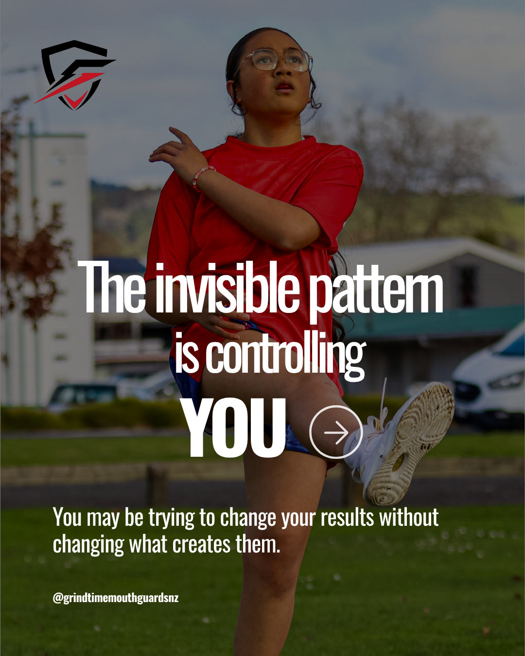 Young girl outdoors wearing a red shirt and blue shorts, with large overlaid text reading 'The invisible pattern is controlling YOU'